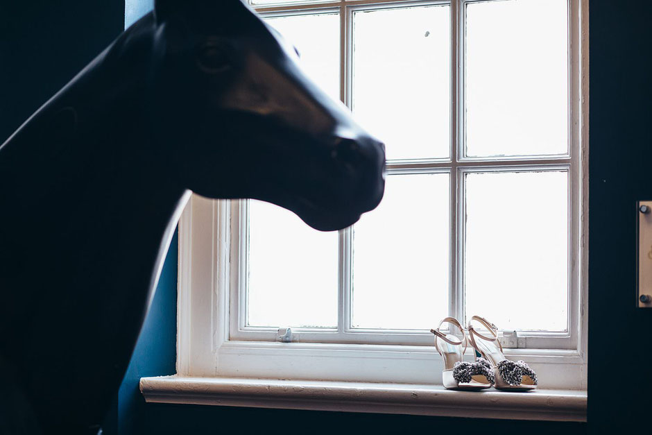 a photograph of a pair of shoes sat on a windowsill with a horse in the foreground