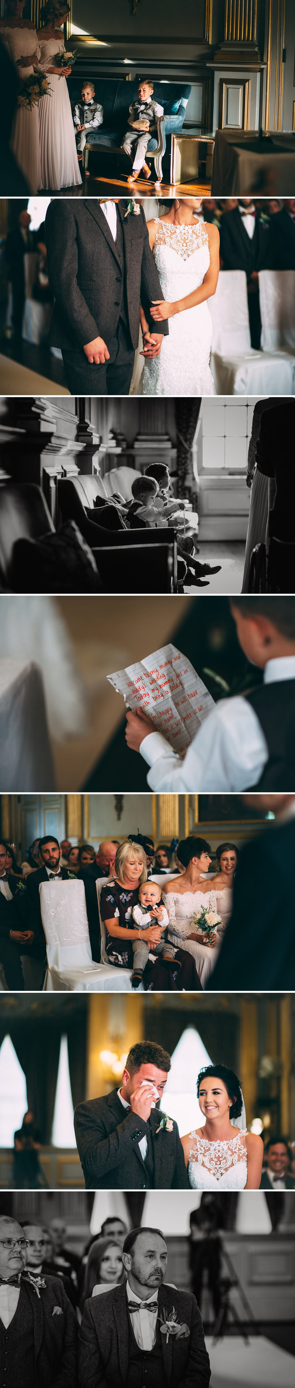 candid photographs during a wedding ceremony including bride and groom plus their guests