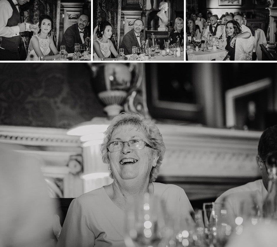black and white photographs of guests during speeches