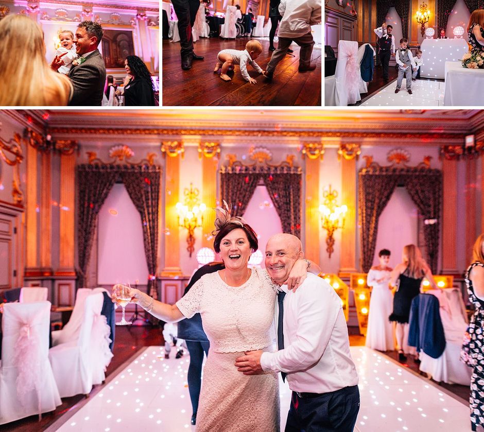 Photographs of guests having fun at an evening wedding reception