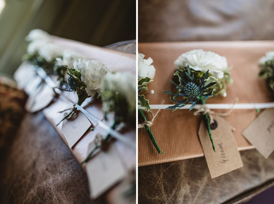 carnation button holes with thistles