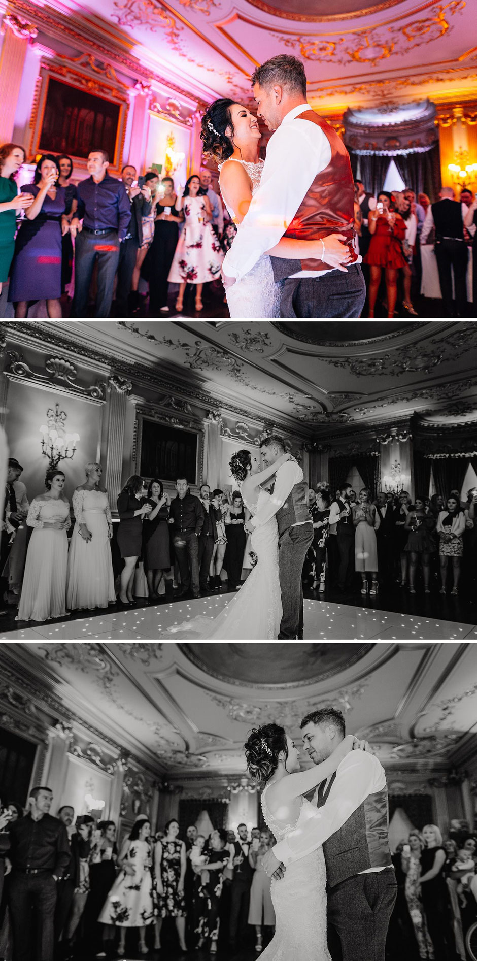 photographs of a bride and groom dancing in front of their guests