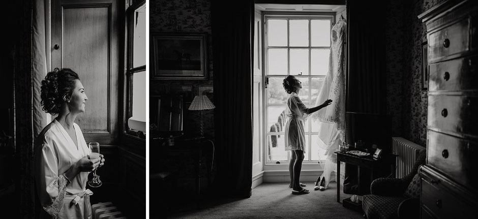 black and white portraits of a bride in window light and with her dress