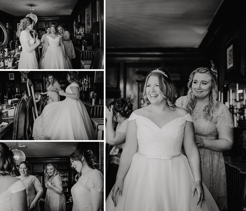 black and white photographs of a bride being dressed by her bridesmaids