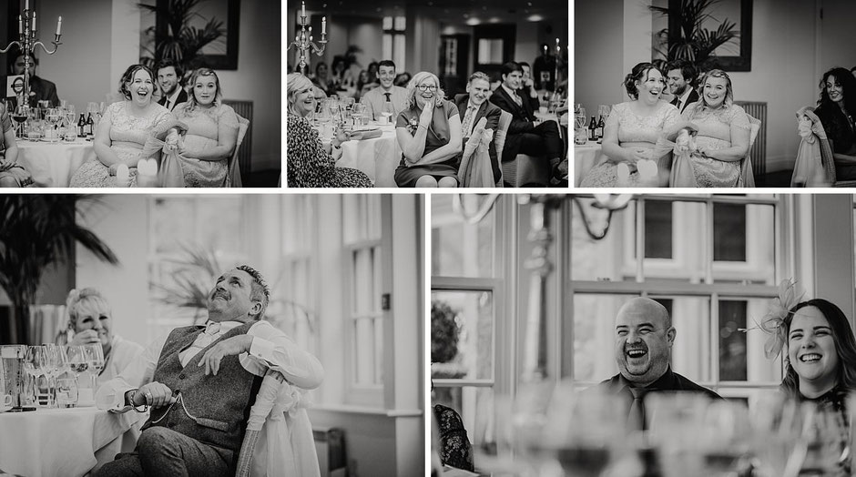 a collage of black and white photographs of wedding guests during speeches
