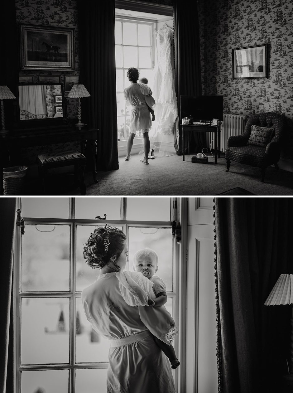 candid black and white photographs of a bride and her baby boy