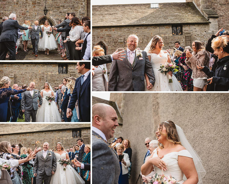 a collection of photographs showing a bride and groom walking through a confetti tunnel