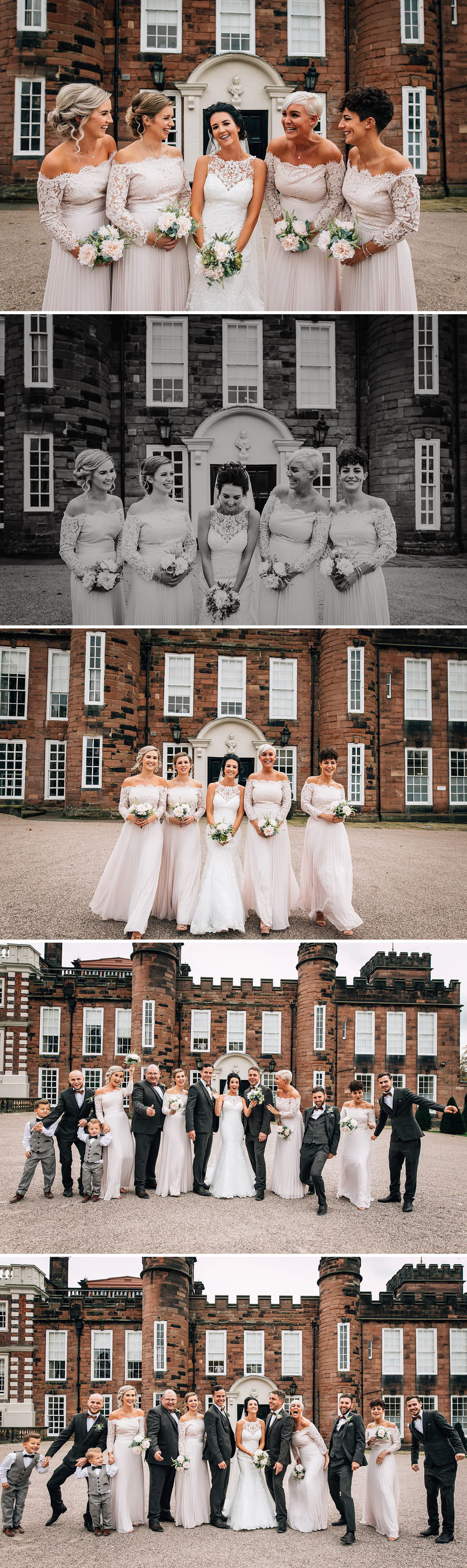 fun photographs of a bride and her bridesmaids wearing pink dresses and holding bouquets