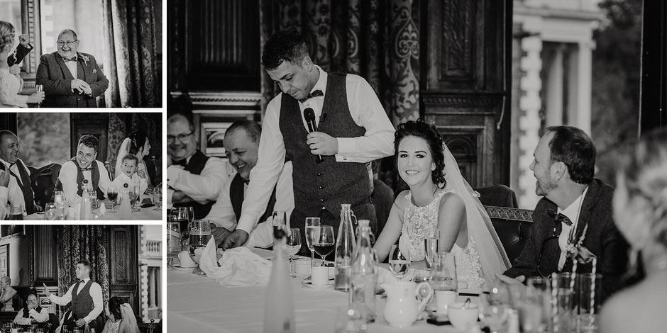 black and white photographs of guests during speeches