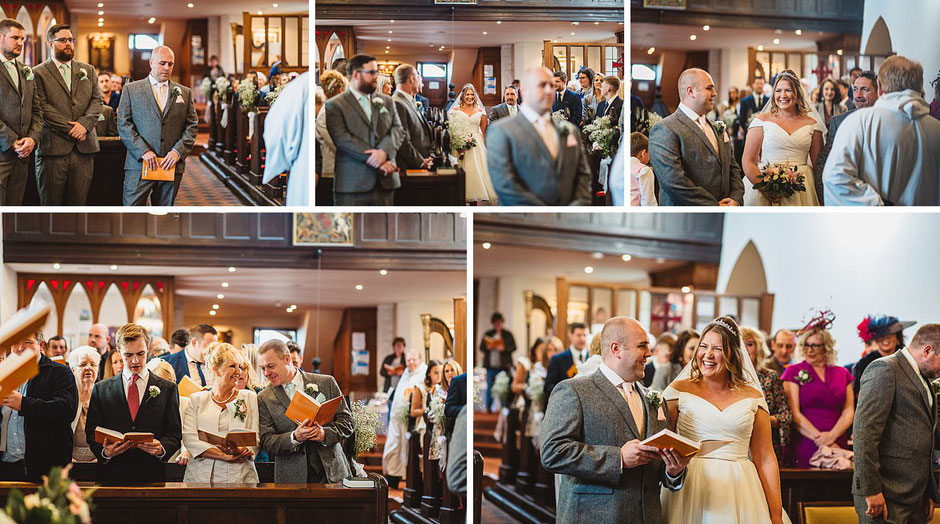 a collection of photographs during a church wedding ceremony