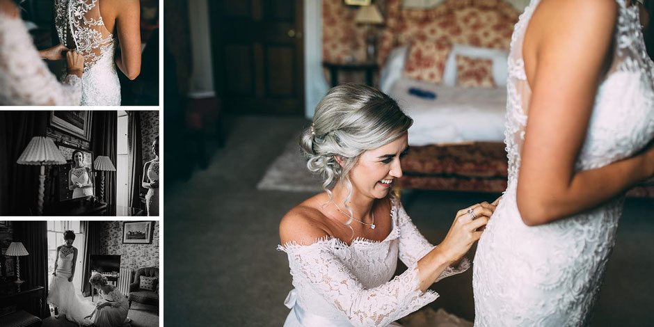 candid photographs of a bride being helped into her wedding dress by her sister dressed as a bridesmaid