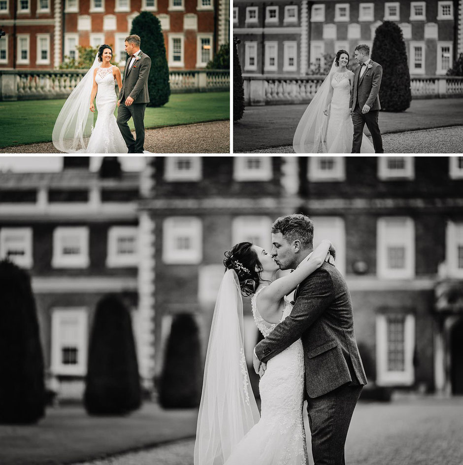 a mixture of black and white and colour photographs of a bride and groom