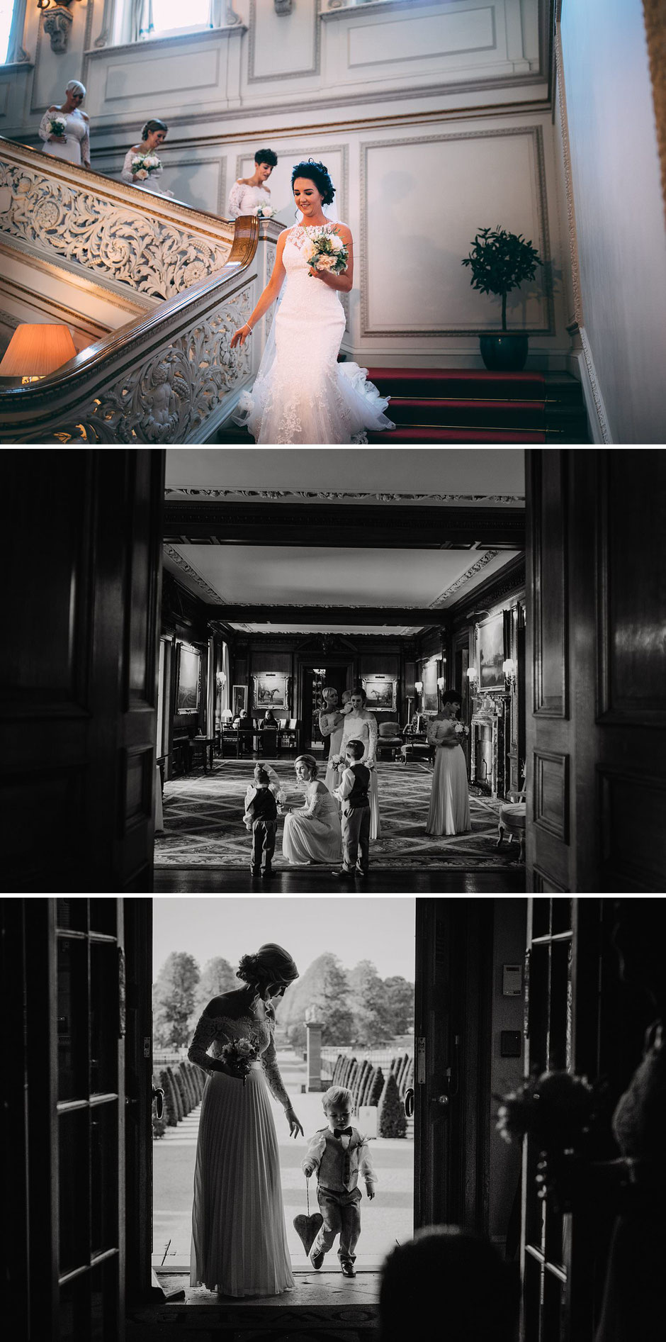 candid photographs of a bride and her bridesmaids walking to the wedding ceremony at Knowsley hall
