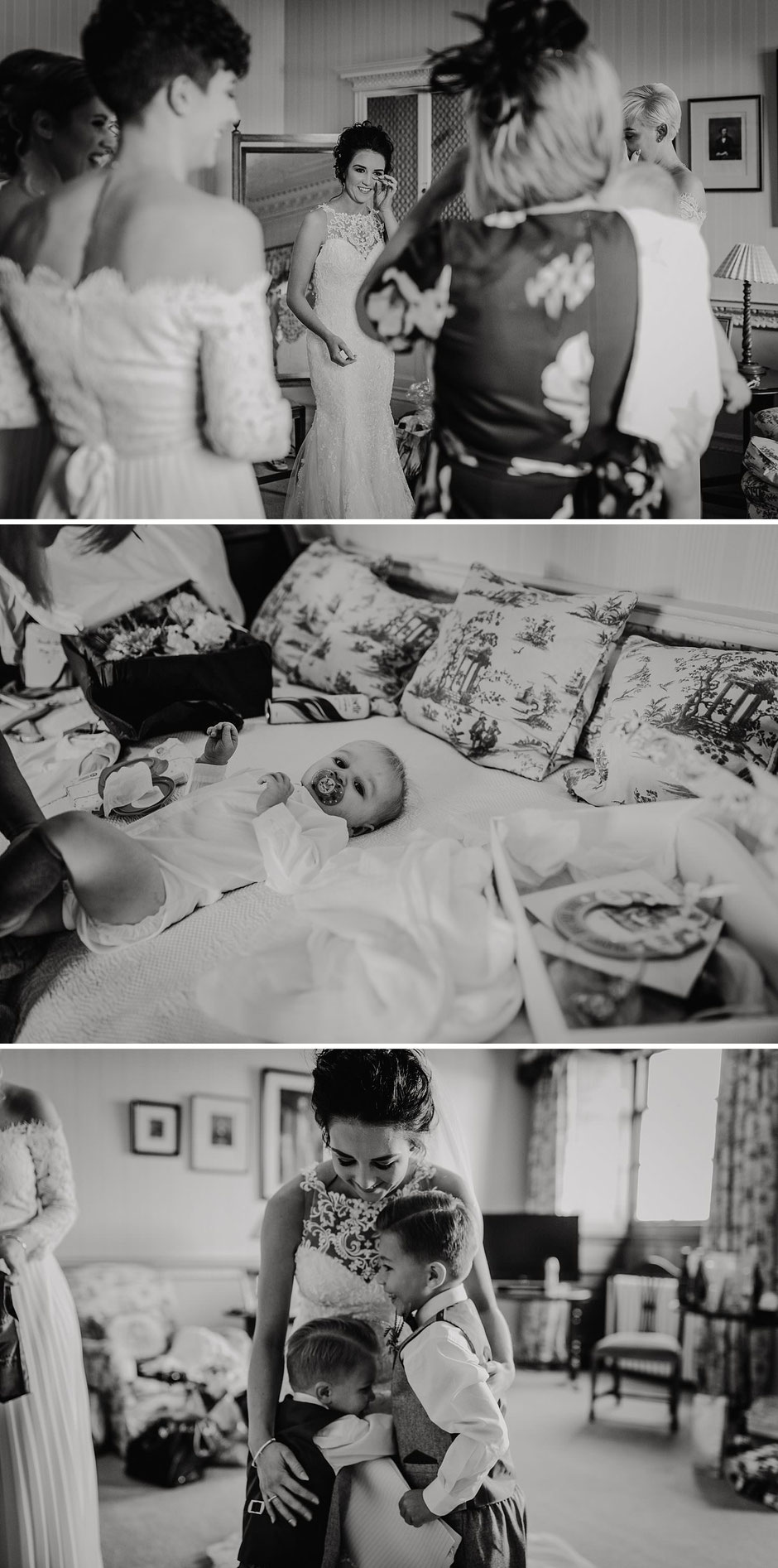 black and white images of a bride with her bridesmaids and sons during bridal preparations on her wedding day