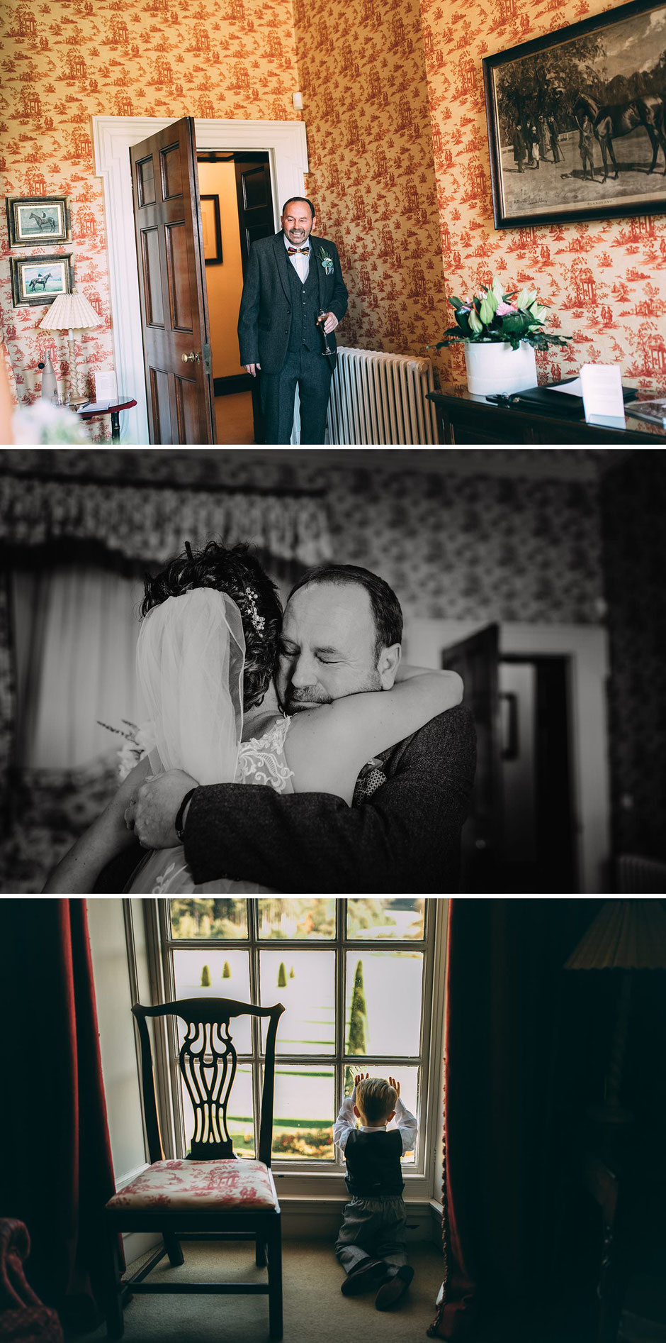 photographs of a brides dad seeing her for the first time fully dressed ready to get married