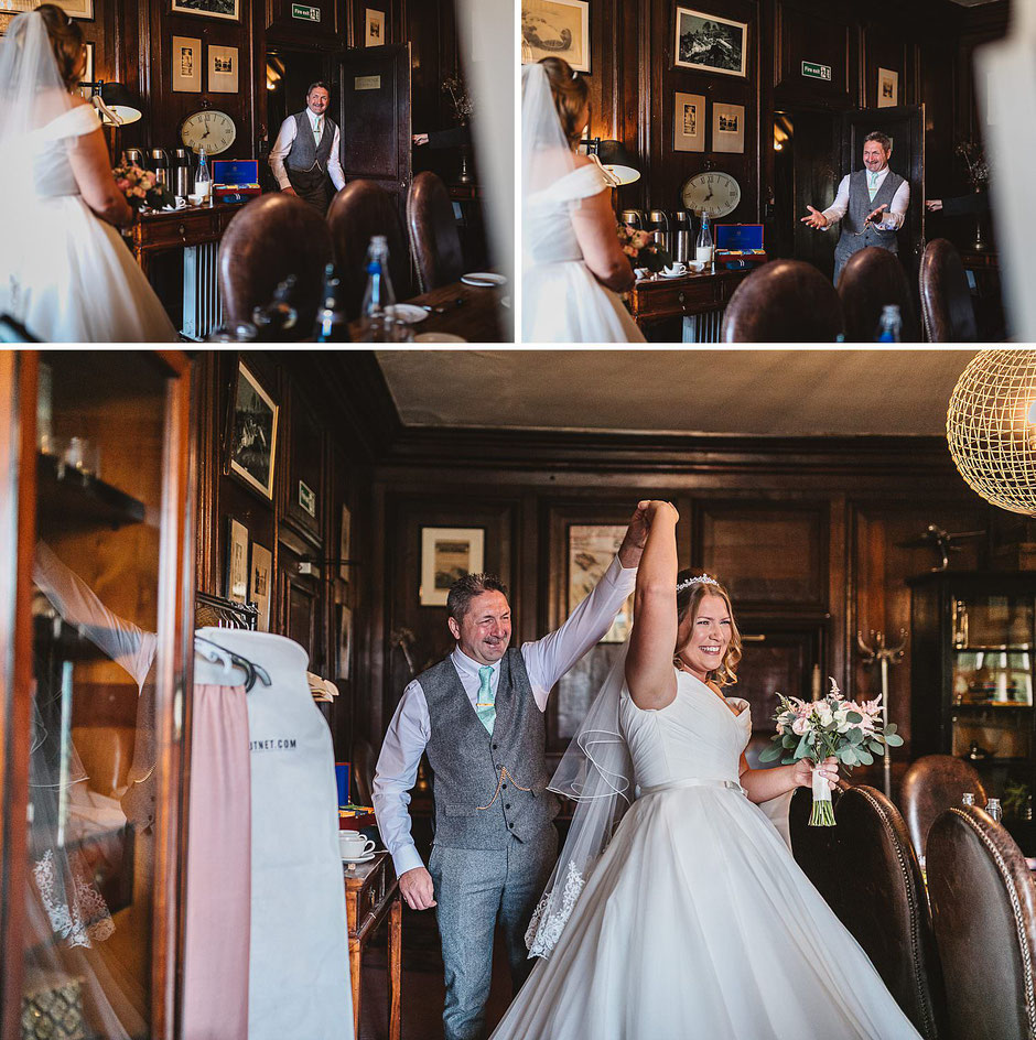 cute moments between father and daughter as he sees her for the first time as a bride