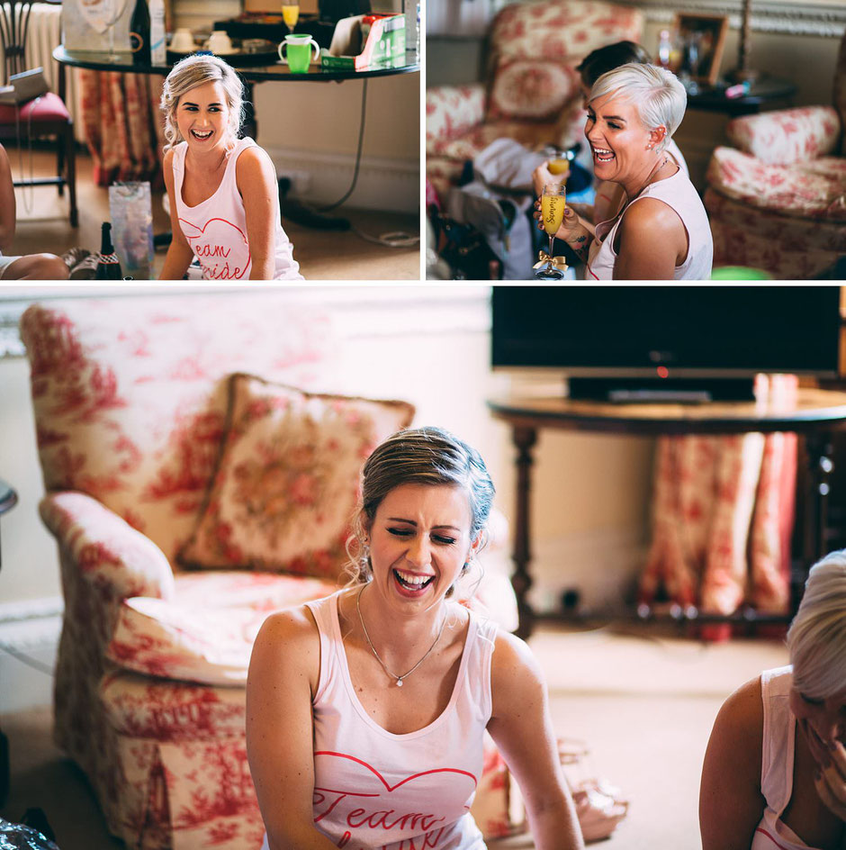 candid photographs of bridesmaids laughing dressed in team bride pyjamas