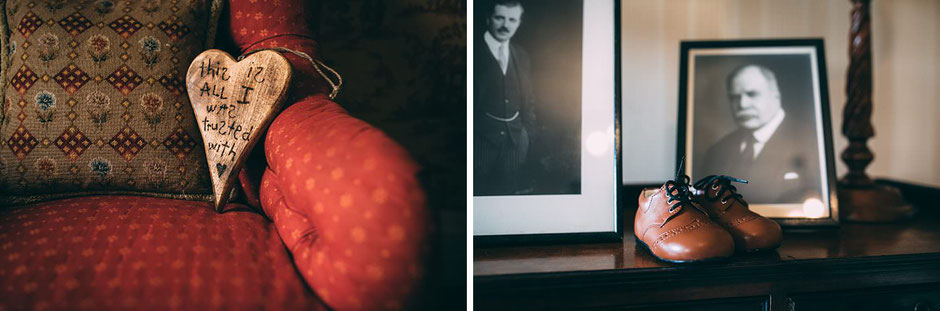 Detail photographs including wooden heart and babies shoes from a wedding at Knowsley hall