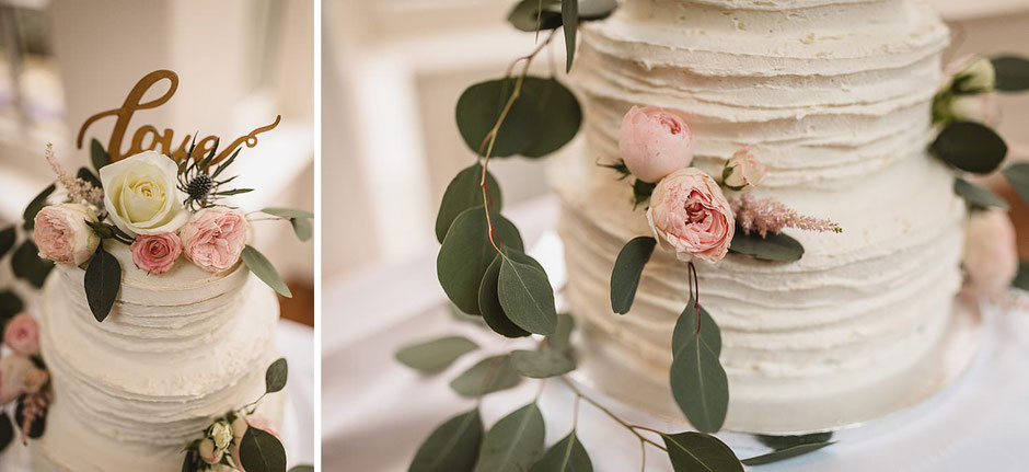Two photographs of a buttercream wedding cake with flowers and foliage