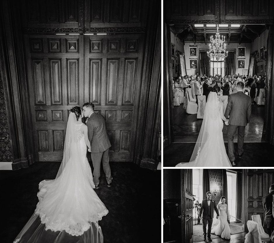 black and white photographs of a bride and groom being announced to their wedding guests