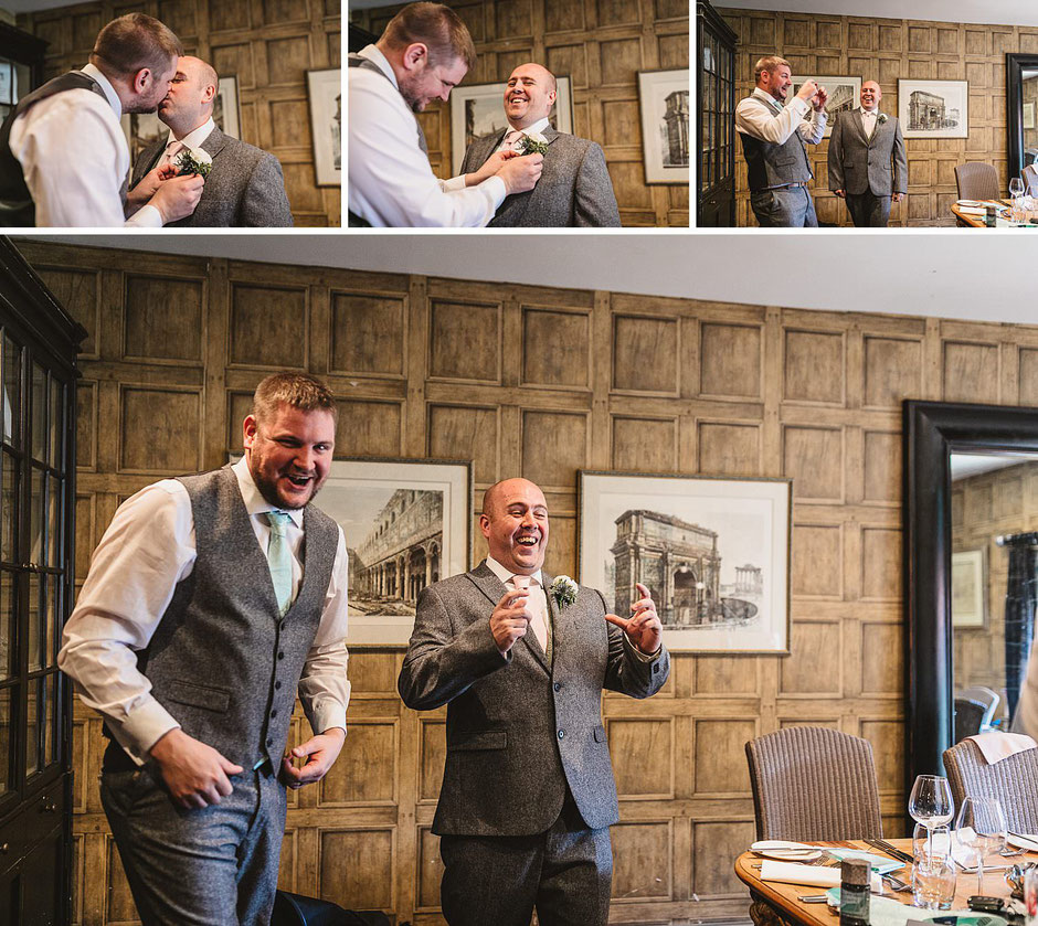 Funny moments between a groom and his best man as they helping each other get dressed