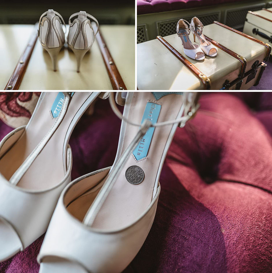 a collage of photographs of a pair of Charlotte Mills bridal shoes