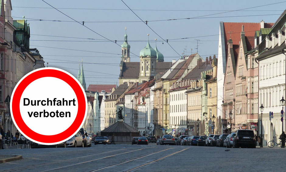Autofreie Innenstadt, autofreie Altstadt. Augsburgs Verkehrspolitik steuert in eine Sackgasse. (Foto: visitaugsburg.eu, Montage: mti)