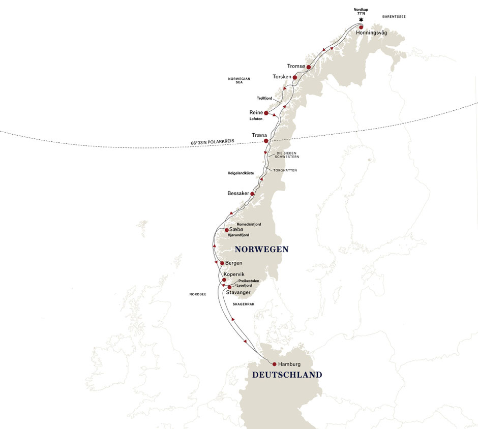 Route im Sommer (Mai - Anfang September 2026) ©Hurtigruten