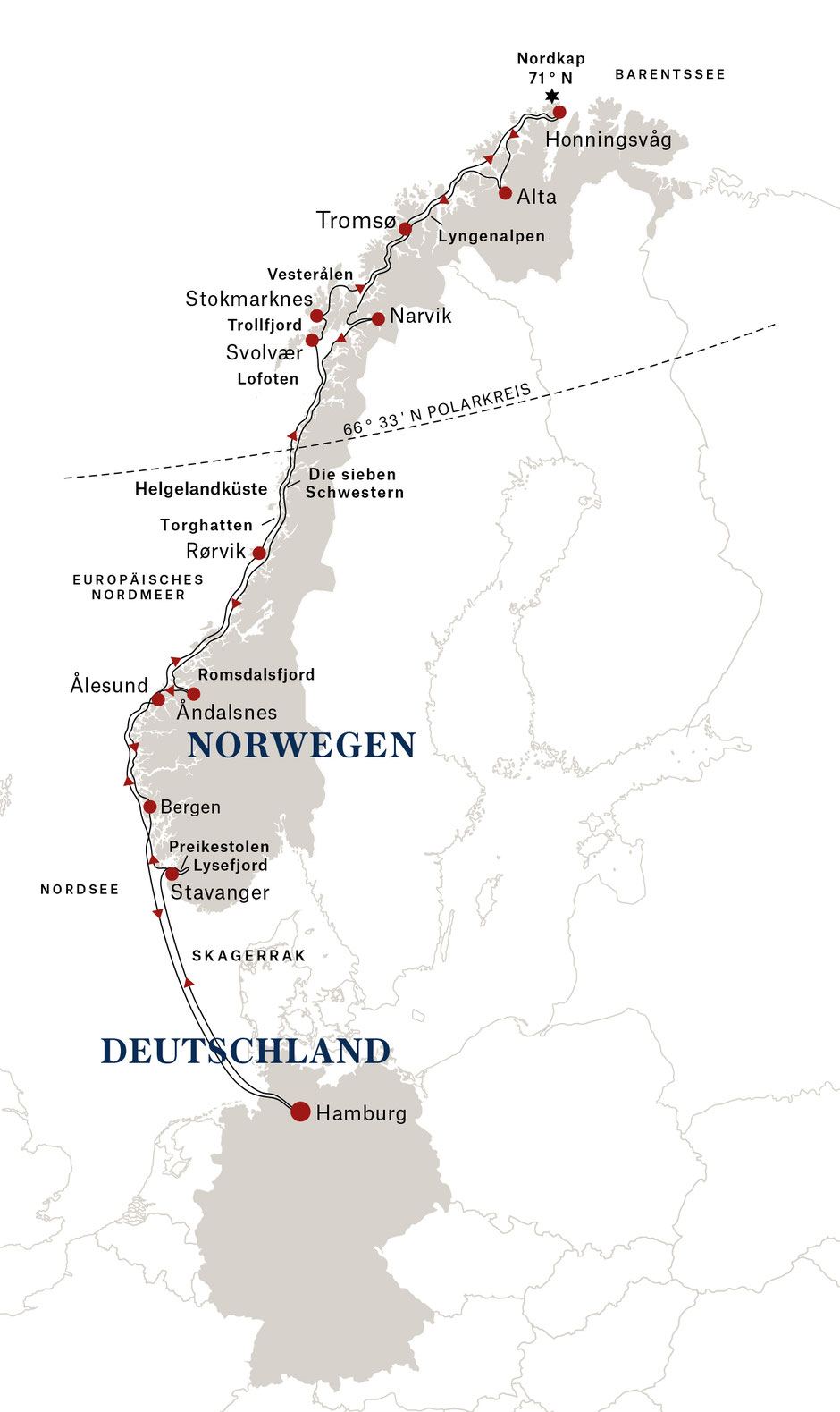 Route im Winter (Januar 2026 - April 2026 und Mitte September 2026 - April 2027) ©Hurtigruten