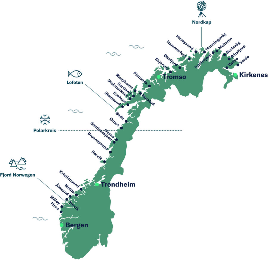 Reisekarte "Postschiffroute mit Havila Voyages" ©Havila Voyages