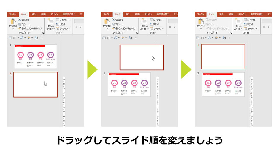 パワーポイントではスライドの順番は簡単に変えられます。