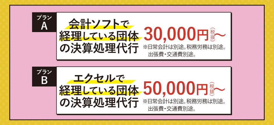 プランA：会計ソフトで経理している団体の決算処理代行30,000円（税抜）〜、プランB：エクセルで経理している団体の決算処理代行50,000円（税抜）〜、※日常会計は別途。税務労務は別途。出張費・交通費別途。