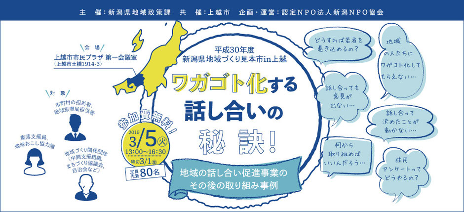 平成30年度新潟県地域づくり見本市in上越「ワガゴト化する話し合いの秘訣！〜地域の話し合い促進事業のその後の取り組み事例〜」2019年3月5日（火）13時〜16時30分