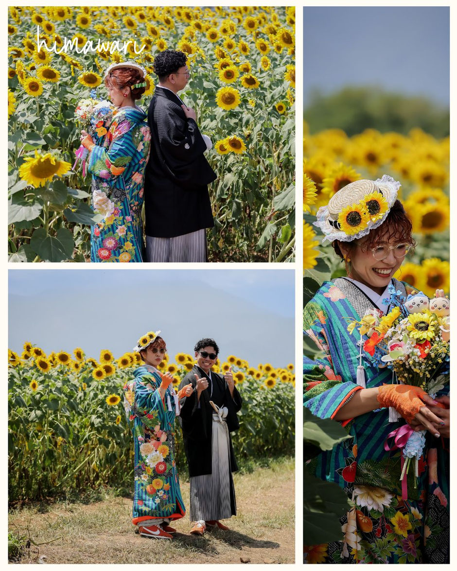 山梨ロケーションで明野ひまわり畑フォトウェディング、前撮りを撮影するおふたり