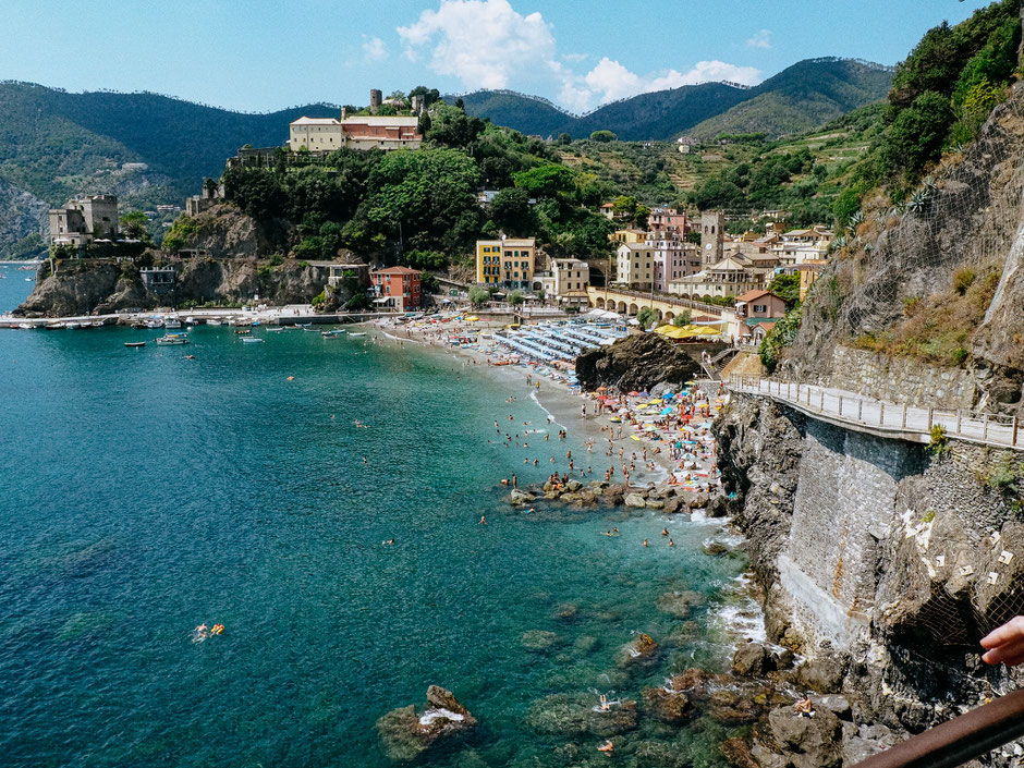 Old town beach and trail leading to Vernazza on the right-hand side