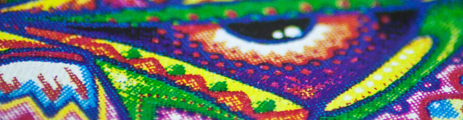Detailaufnahme eines bunten Stoffmotivs im Direktsiebdruckverfahren mit kräftigen Farben und klaren Konturen.
