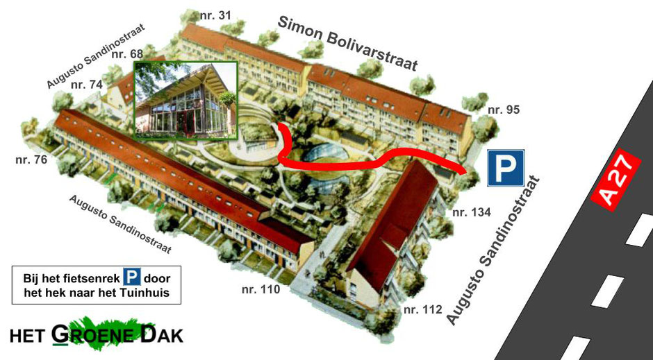 Plattegrond van het Groene Dak met de route naar het tuinhuis.