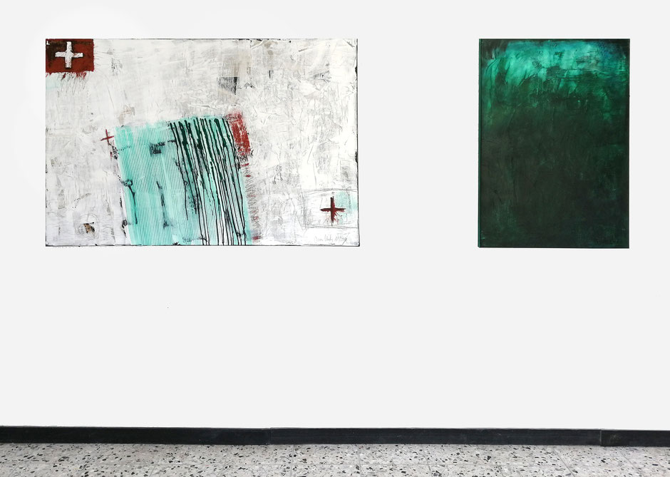 Bilder Reiner Olesch, Red Cross 100 x 150 cm, Collage/Acryl,   Grünfeld  100 x 70 cm  Collage/Acryl/Druck