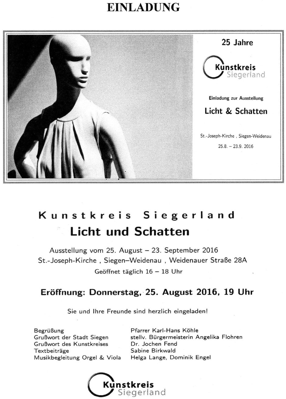 Einladung zur Ausstellung "Licht und Schatten" des Kunstkreis Siegerland, 2016, in der St. Joseph Kirche Weidenau,