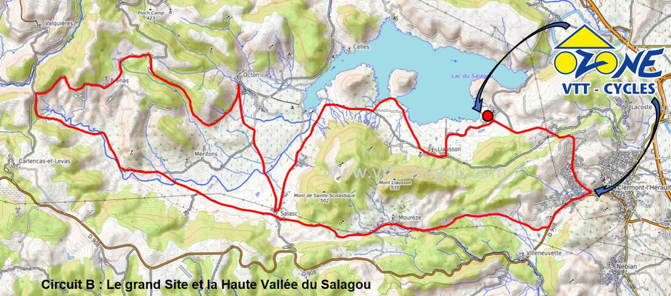 Circuit B Le grand Site et la Haute Vallee du Salagou Ozone VTT Cycles Vente Reparation Location Encadrement Moniteur Clermont l Herault 34 Lac du Salagou Larzac Vallee de l Herault
