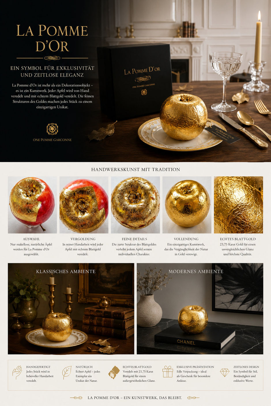 „Essbarer Goldapfel La Pomme d'Or aus 23,75 Karat Blattgold – handvergoldeter Apfel als luxuriöses Geschenk, Catering-Highlight und exklusives Event-Dekor.“
