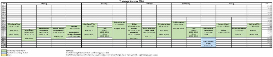 Bild von Excel was den Trainingsplan für den Sommer 2026 zeigt