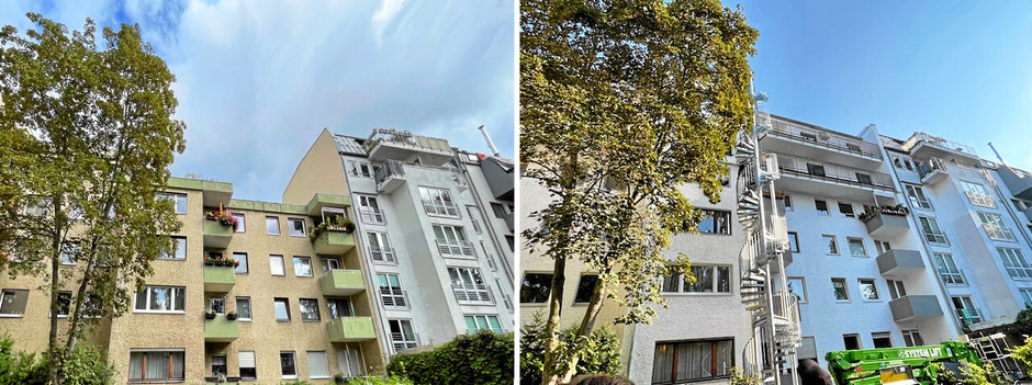 Wohnblock vor und nach der Geschossaufstockung. 2 weitere Etagen mit Laubengang und Spindeltreppe