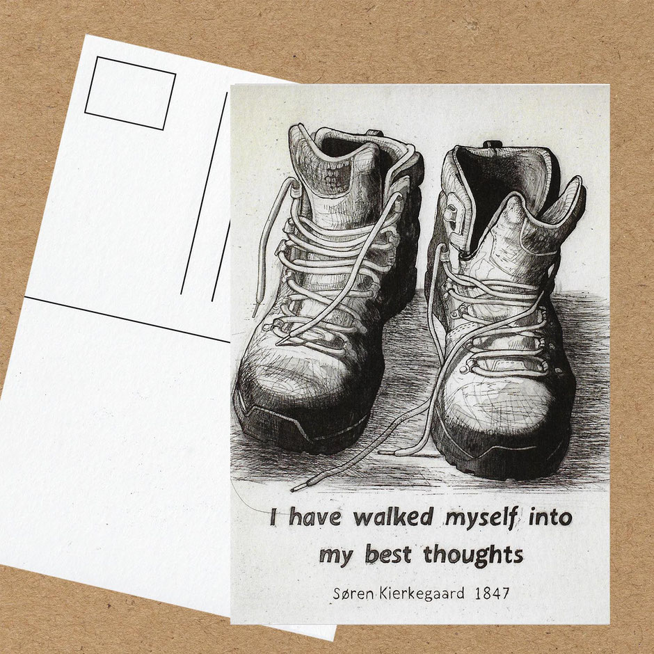 Soren Kierkegaard best thoughts quote alongside pencil drawing of my walking / hiking boots