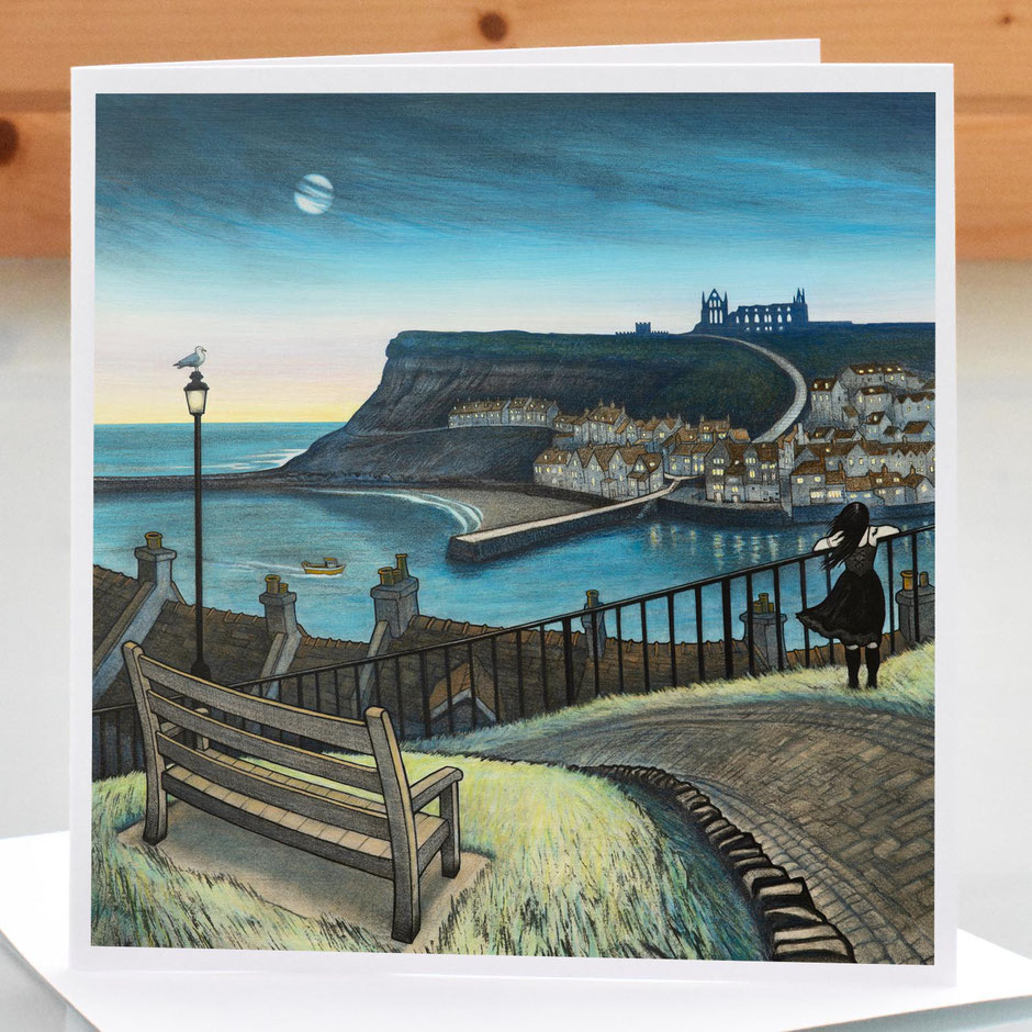 Whitby greeting card view from the Whalebone Arch towards the Abbey and the 199 steps blank inside for birthday or any occasion