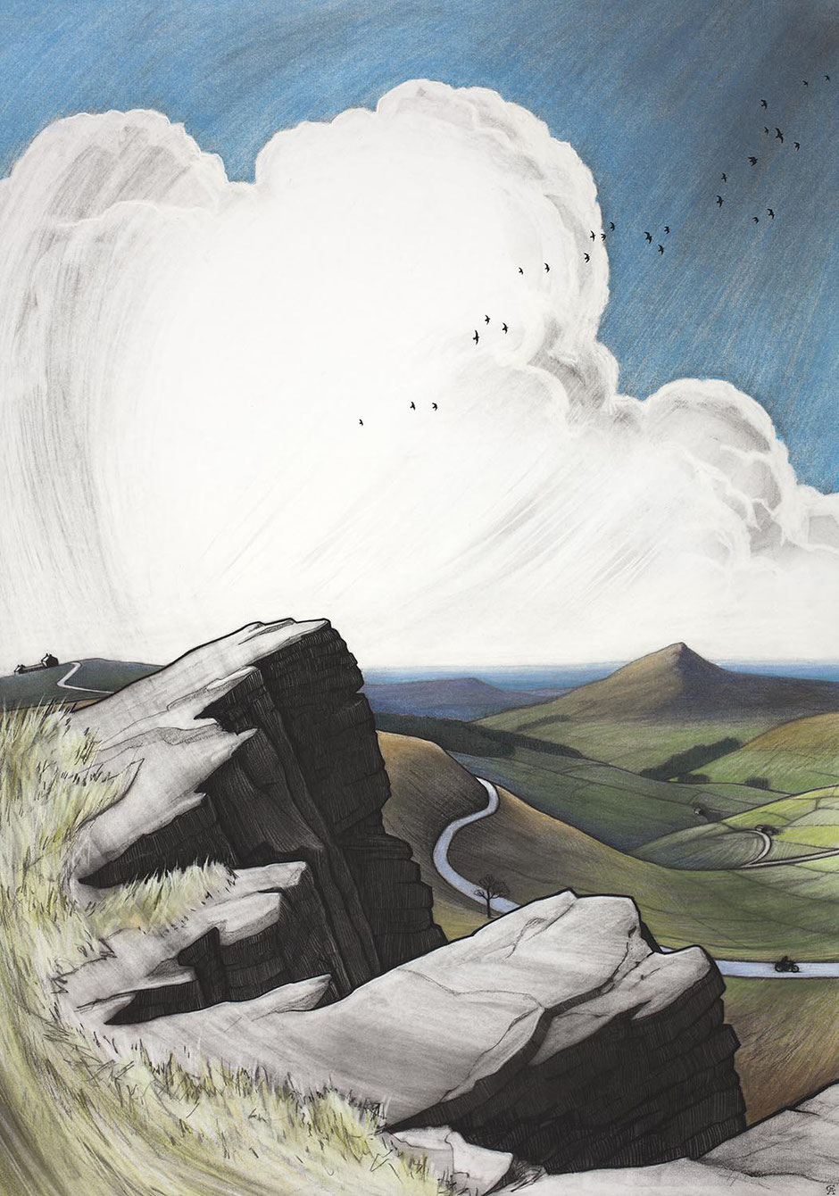 cat and fiddle road from shining tor wall, Inn, Cheshire plain and motorcyclist art print
