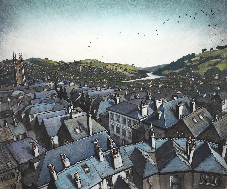 Totnes Devon wall art print rooftop view and river dart from castle