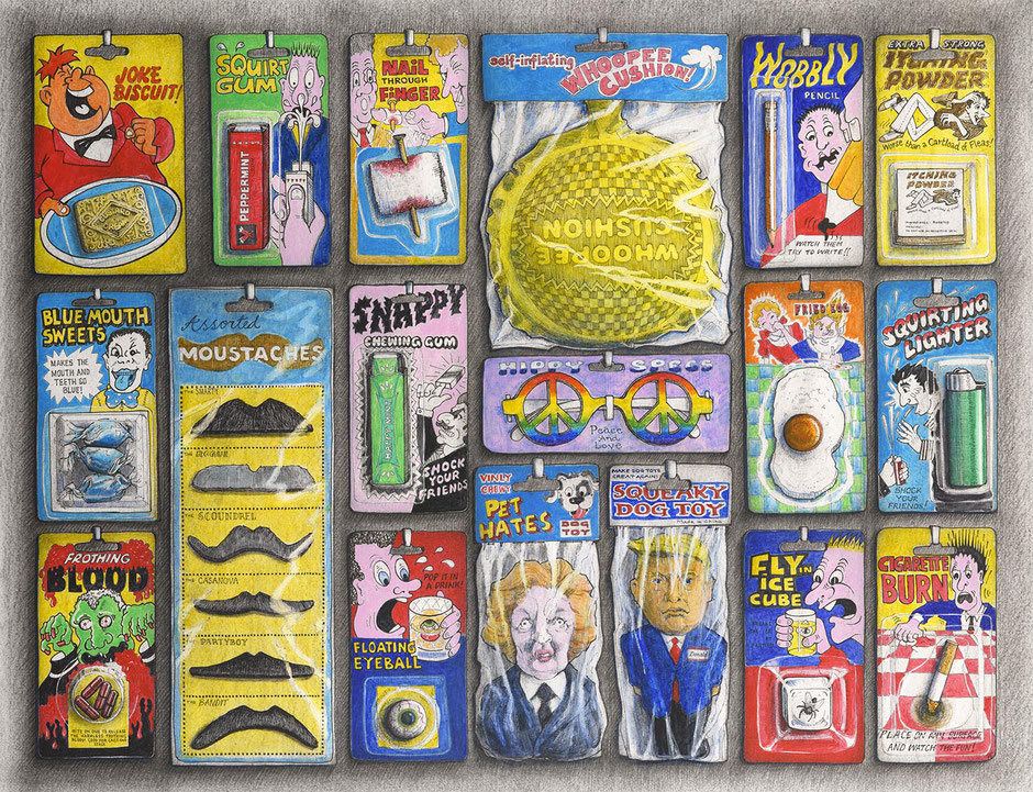Memories of a nostalgic childhood in art painting featuring a joke shop window
