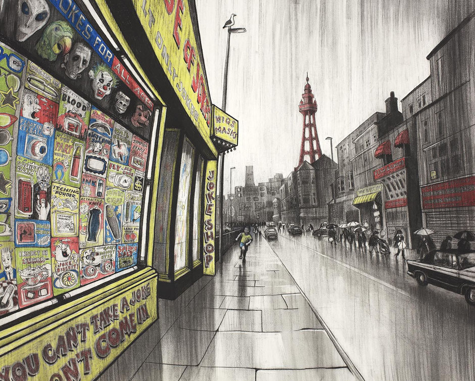 nostalgic Blackpool wall art print featuring rainy day street scene with tower and joke shop