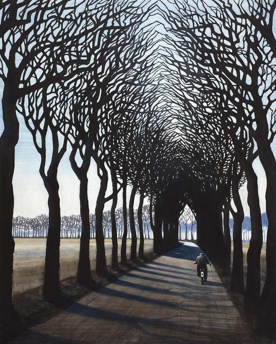 fine art print of a solo cyclist on a catherdral like tree lined road